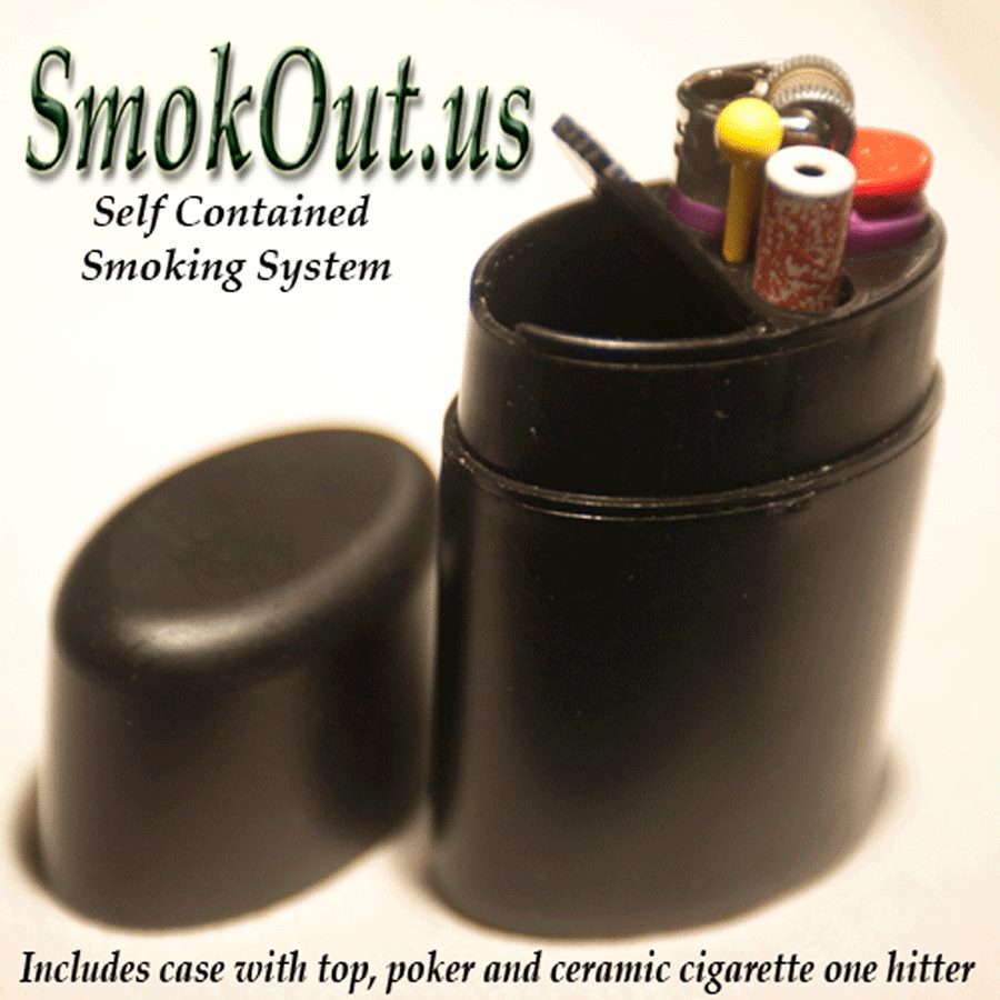 SmokOut self-contained smoking system: deodorant-style container holding a one-hitter, poker tool, and accessories